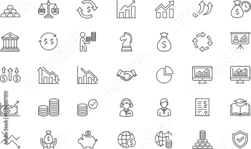 Finance and business icon set featuring banking, investment, strategy, and economic growth symbols in clean black line style