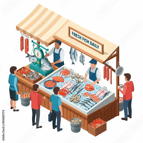 Fresh Fish Market Stall with Customers Buying Seafood.