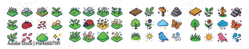 Colorful nature icons: insects, plants, weather, and animals col