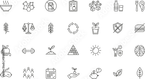 Health and wellness icon set featuring nutrition, fitness, sustainability, and lifestyle symbols in clean black line style