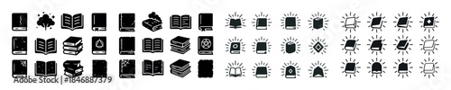 Collection of diverse book and technology icons in black and whi