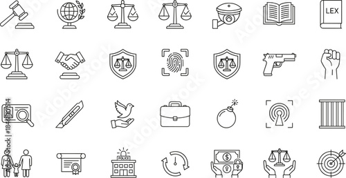 Legal and justice icon set featuring law, rights, protection, enforcement, and civic symbols in clean black line style