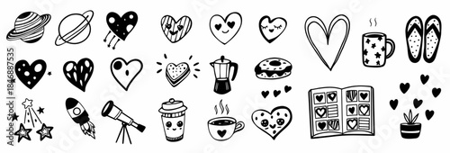 Charming doodle illustrations of hearts, coffee, and love symbols