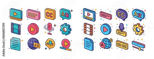 Colorful media interface icons for video, subtitles, and setting