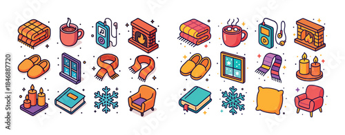 Cozy winter essentials: illustrations of blankets, hot drinks, a