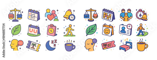 Colorful cartoon icons of time, calendar, people, nature, and tr