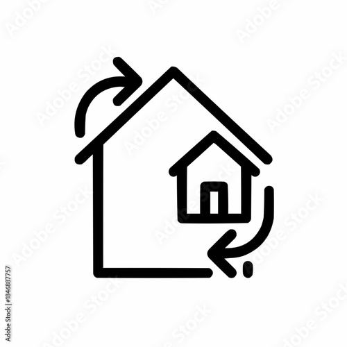 Line icon of a house with two arrows — refinance, black on white, square minimalist style
