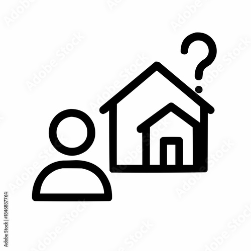 Line icon of a person with house and question mark — mortgage eligibility, black on white, square minimalist style