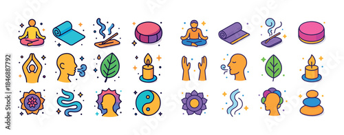 Colorful icon set featuring meditation, yoga, relaxation, wellne