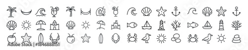Set of beach and ocean line icons: palm trees, suns, shells, anc
