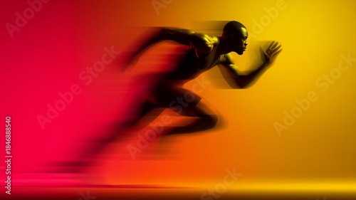 Athletic male sprint fast on colorful background