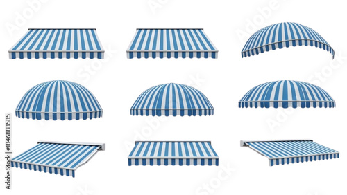 Variety of Blue and White Striped Awnings in Different Shapes and Views for Outdoor Shade