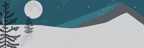 Winter solstice night landscape with moon and mountain silhouettes