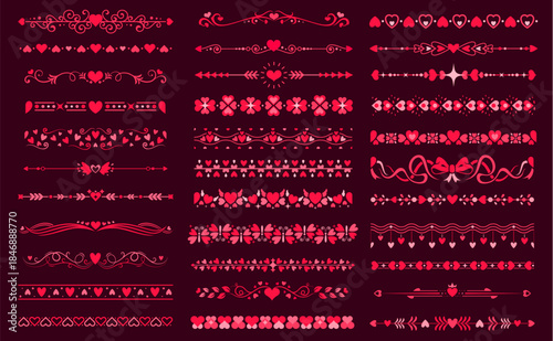 Heart divider frames, Valentine love borders, wedding and marriage ornaments set. Vector pink red hearts, flowers and ribbon bows, vintage flourishes, butterflies and arrows dividers and frame borders