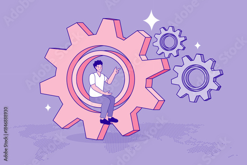 Businessman sitting inside a giant gear with a world map background. A concept of global business process management, technical system support, and industrial strategy.