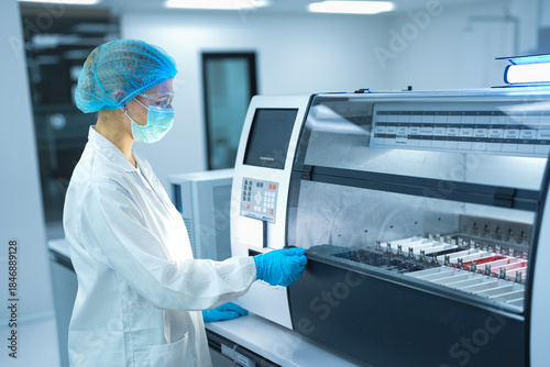 Wallpaper Mural Caucasian female scientist in full safety gear operating automated analyzer in sterile lab. Professional researcher setting machine parameters for medical biotechnology experiment. Torontodigital.ca