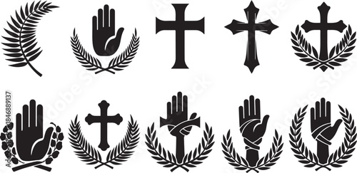Christian cross and hand icons with laurels