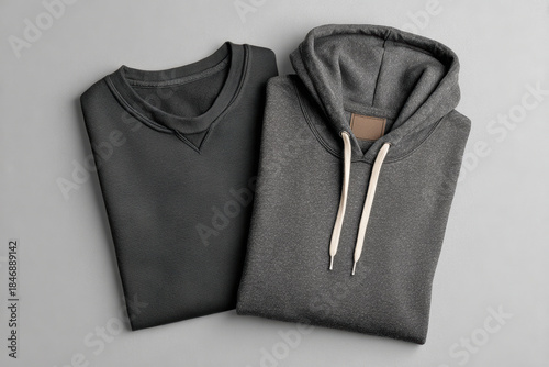 Cozy gray sweatshirt and hoodie, pair of warm cotton clothing items folded in flat lay. Casual apparel offering comfort and style for minimalist wardrobe