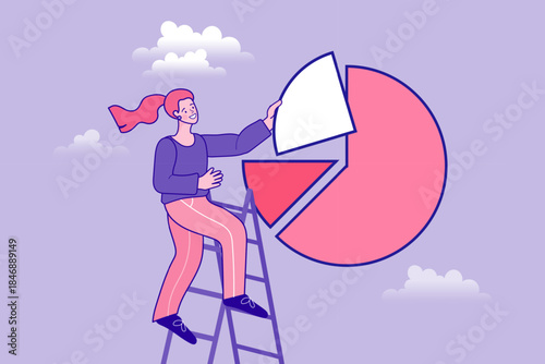 Businesswoman climbing a ladder to put the final piece into a giant pie chart in the sky. A concept of financial data analysis, completing a market share strategy, and business growth goal.