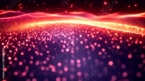 Abstract glowing particles and light waves in a cosmic landscape.