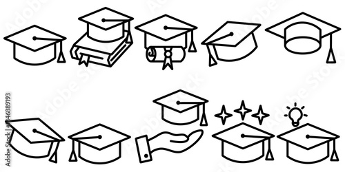 Graduation cap line icon set. Collection of outline illustration. Education and academic symbol.
