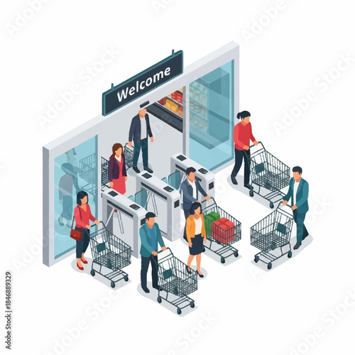 People entering a supermarket with shopping carts through automatic gates.