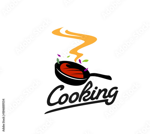 Restaurant cast iron pan cook icon or label. Asian culinary cooking icon, cafe kitchen WOG pan vector label. Restaurant cuisine menu badge or emblem with typography, steak cooking in cast iron pan