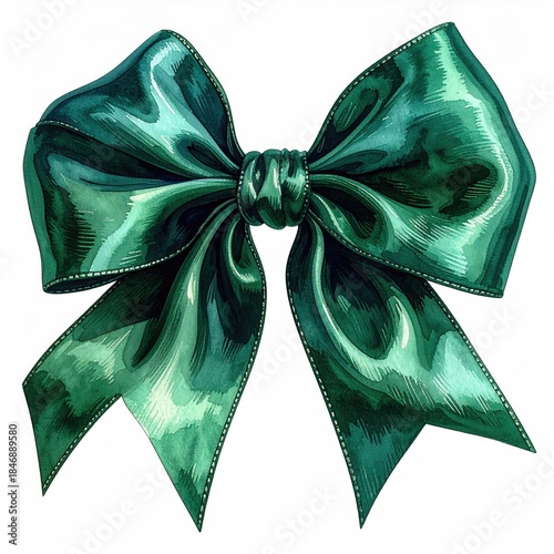 A digitally painted, emerald green silk bow with detailed shading and highlights