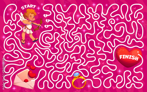 Valentine's day labyrinth maze game with cherub and love heart. Kids labyrinth maze puzzle vector worksheet. Saint Valentine holiday riddle with cupid character, love letter and engagement ring