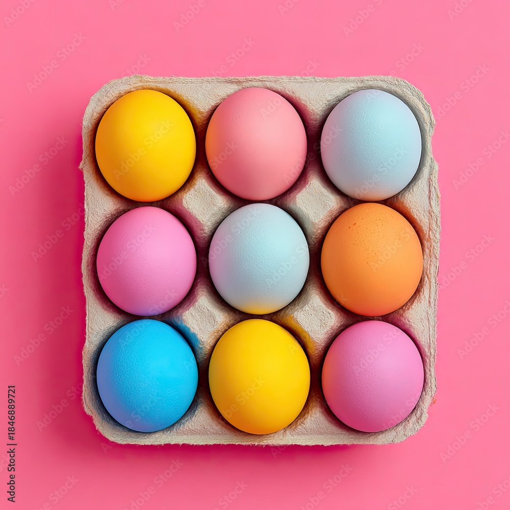 Fototapeta premium Top-down shot of a cardboard egg carton holding nine vibrantly colored Easter eggs on pink