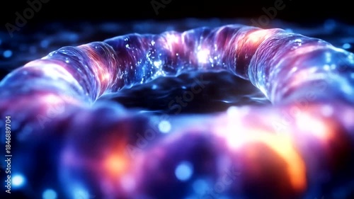 Abstract glowing torus shape with cosmic particles and bokeh effect.