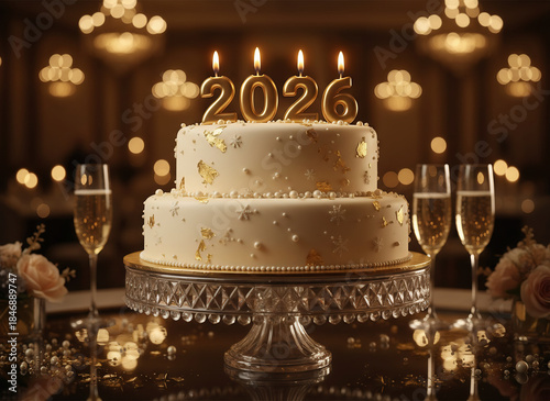 Luxurious two-tier New Year cake with 2026 candles on an elegant table, surrounded by champagne glasses and warm golden lights, creating a refined celebration atmosphere.