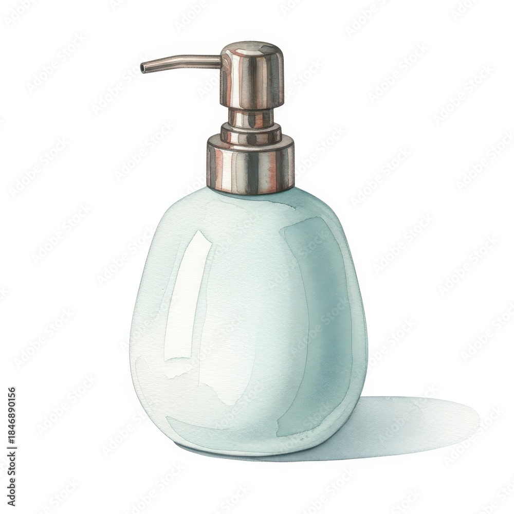 Fototapeta premium Watercolor illustration depicts a rounded, pale blue dispenser bottle with a metallic pump mechanism