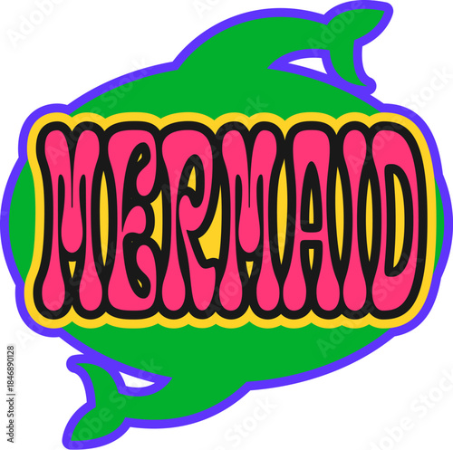 Mermaid pirate retro Y2K sticker or symbol. Corsair sailing vintage label, pirate nautical vector sticker. Filibuster marine Y2K patch or tag with mermaid tail silhouette and typography