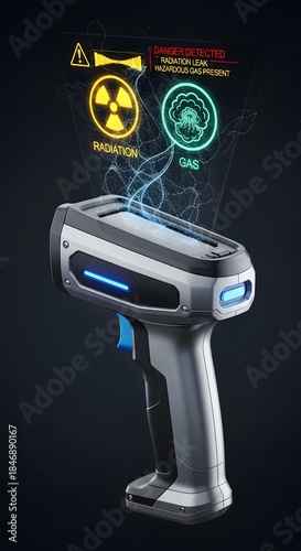 Futuristic handheld device scanning for radiation and biological threats.