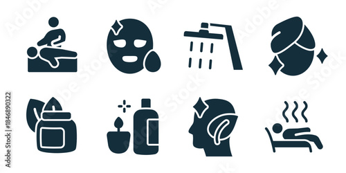 Spa sauna excellent icon collection. Set of massage therapy, facial mask, shower, hot stones, spa oils, candle, head massage, relaxation bed icons