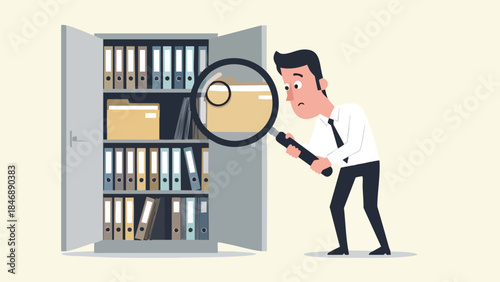 Man diligently inspecting office files within a cabinet using a magnifying glass for information retrieval