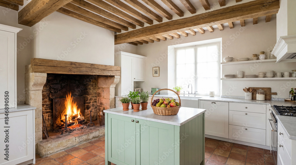 Obraz premium Elegant Provence-style kitchen interior in soft pastel tones featuring natural wood, exposed ceiling beams, and a traditional fireplace.