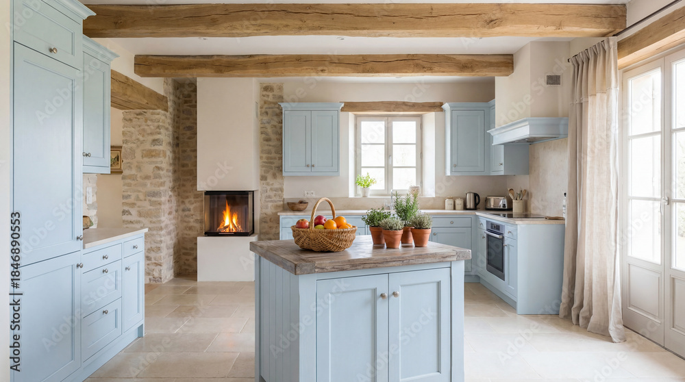 Obraz premium Elegant Provence-style kitchen interior in soft pastel tones featuring natural wood, exposed ceiling beams.
