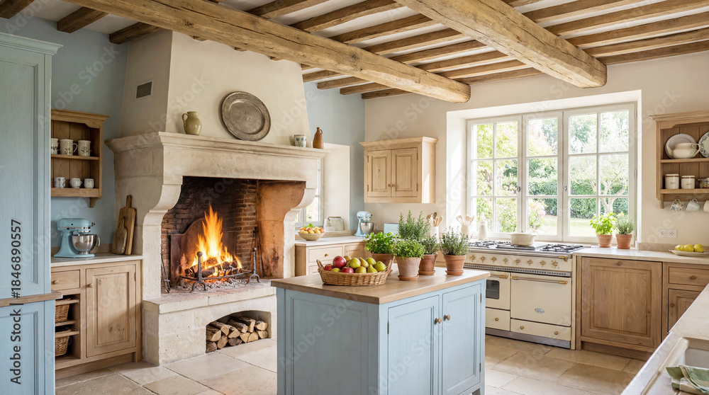 Obraz premium Elegant Provence-style kitchen interior in soft pastel tones featuring natural wood, exposed ceiling beams, and a traditional fireplace.