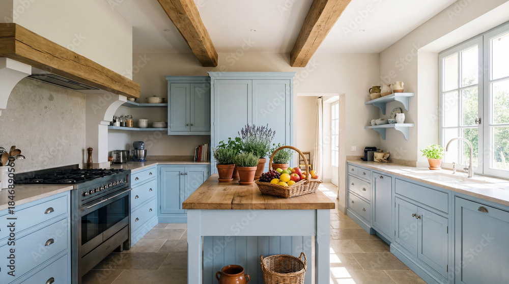 Fototapeta premium Elegant Provence-style kitchen interior in soft pastel tones featuring natural wood, exposed ceiling beams.
