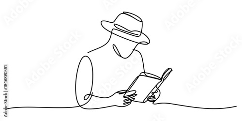 A single line drawing of a person wearing a hat and deeply engrossed in reading a book Vector, illustration