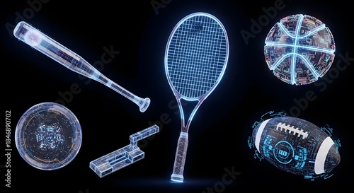 Futuristic Holographic Sports Equipment Collection on Black Background.