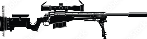 Tactical sniper rifle silhouette illustration, modern military firearm with scope and suppressor, detailed weapon profile, isolated black vector design