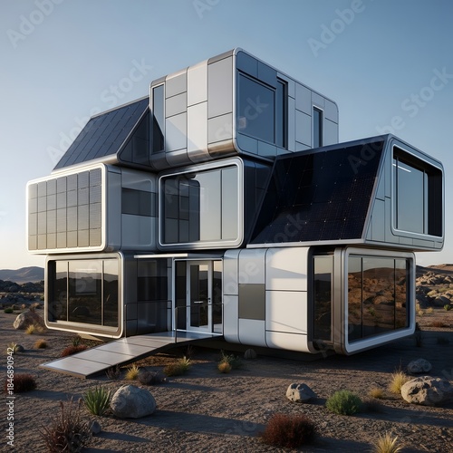 Futuristic Modular House Design in a Desert Landscape.