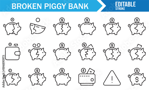 Money loss and financial crisis piggy bank icon set