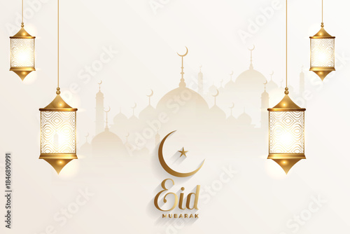 Eid mubarak greeting card with islamic pattern border and decorative hanging lanterns
