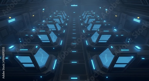 Futuristic Server Room with Blue Neon Lights and Rows of Computers.