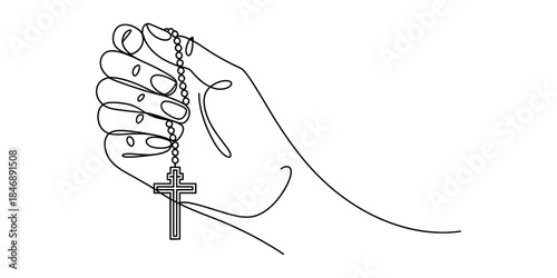 Continuous line drawing of a hand holding a rosary with a cross, symbolizing faith and prayer Vector, illustration