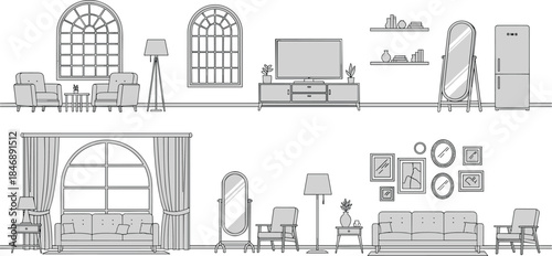 Modern living room interior furniture set, minimalist home decor illustration, cozy lounge design elements, line art vector isolated background